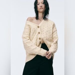 Zara Cream Cable Knit Cardigan Sweater